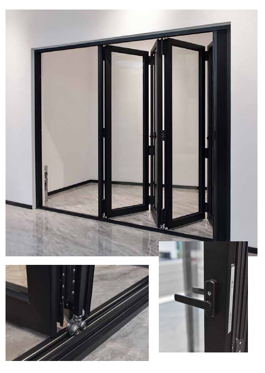 Black folding glass door with close-up views of its lower track and handle